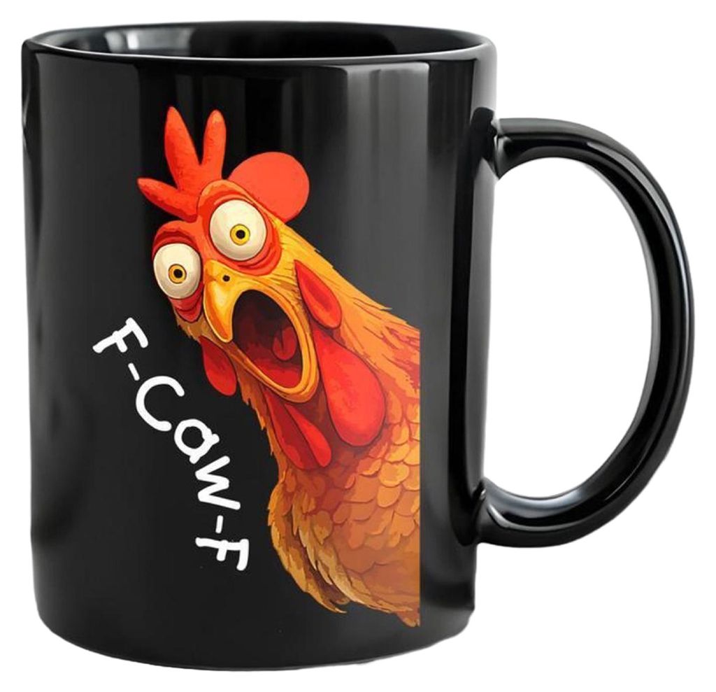 Lustige Kaffeetasse mit Hühnermotiv (F-Caw-F), Keramik, 350 ml, für heiße und kalte Getränke, spülmaschinenfest, originelles Geschenk für Fra...