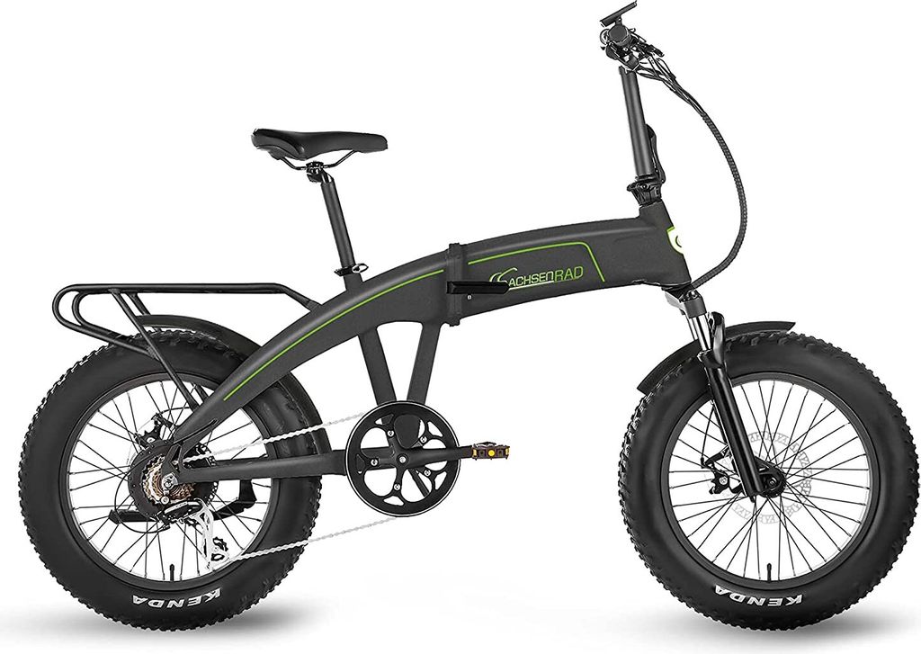 A studio shot of a black folding electric bicycle with green accents.