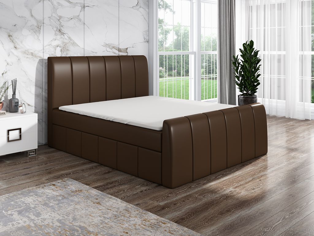 Boxspringbett JON 140 x 200 mit 2 Bettkästen, Bonell-Matratze und Topper. Farbe: Dunkelbraun
