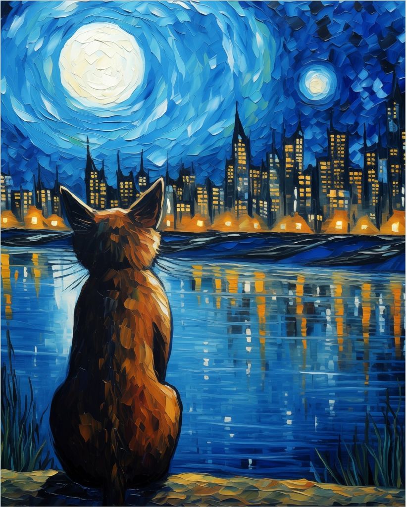 Wallario Poster - Katze im Mondschein, Kunstdruck Größe: 40 x 50 cm