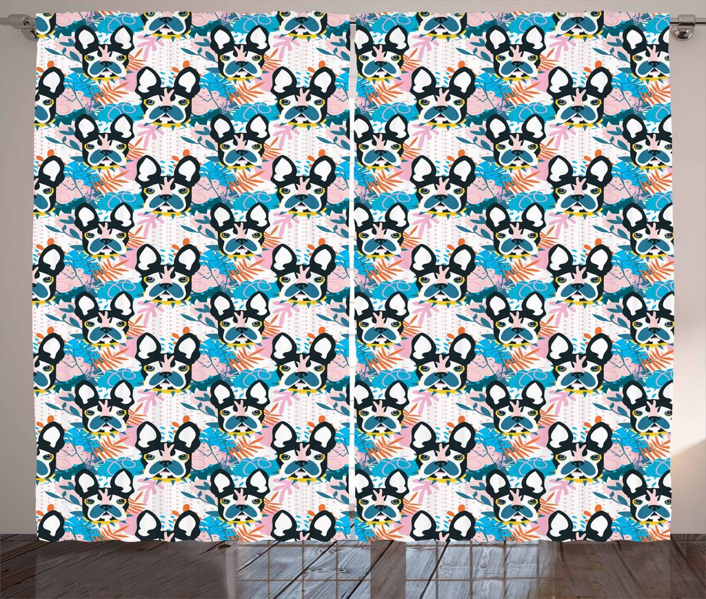 ABAKUHAUS Hunde Rustikaler Vorhang, Hundeköpfe und Blätter, Wohnzimmer Universalband Gardinen mit Schlaufen und Haken, 280 x 175 cm, Mehrfarbig