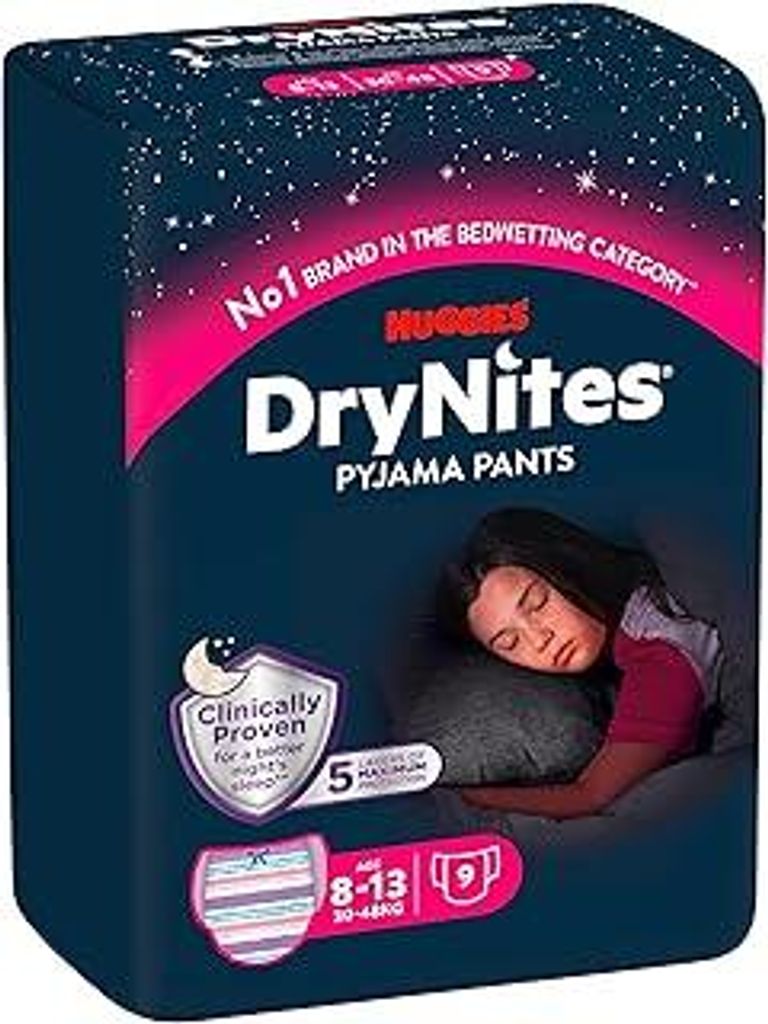 HUGGIES DryNites Nachtwindeln, für Mädchen 8-13 Jahre (30-48 kg), hochabsorbierende bei Bettnässen, 9 Stück (1er Pack) Windel-Pants
