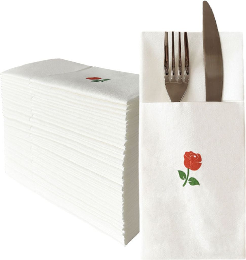 50 Blatt Einweg-Servietten in Leinenoptik Mit Integrierter Bestecktasche, Bedruckte Vorgefaltete Stoffservietten Aus Papier Für Hochzeit(Rose)