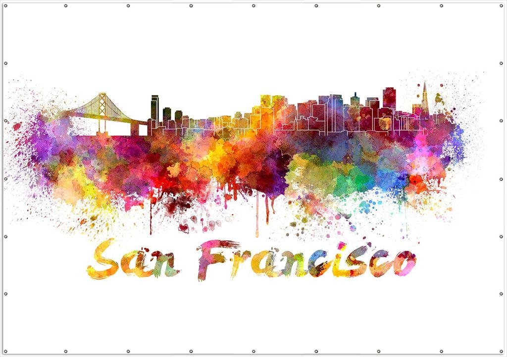 Wallario XXL Outdoor-Poster für Garten oder Balkon, Motiv Städte als Aquarell - Skyline von San Francisco, in ca. 400 x 280 cm