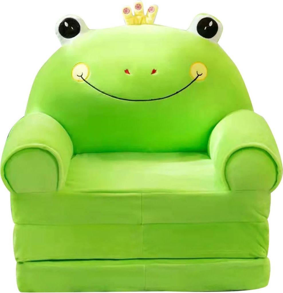 A plush frog-shaped chair for children.