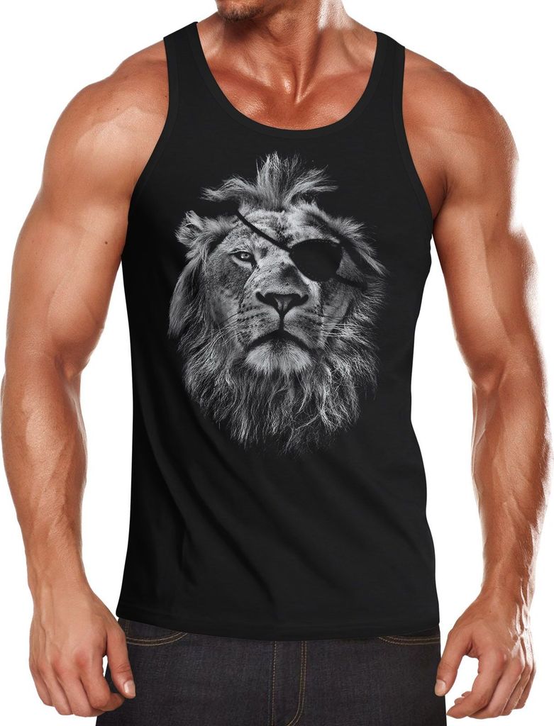 cooles Herren Tank-Top mit großem Löwen Aufdruck Neverless Lion Eye Patch schwarz S