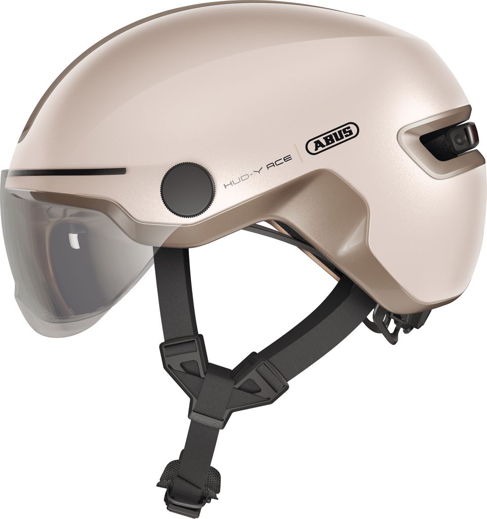 ABUS Stadthelm HUD-Y ACE - stylischer Fahrradhelm mit Visier und magnetischem, aufladbarem LED-Rücklicht - für Damen und Herren - Beige, Größe ...