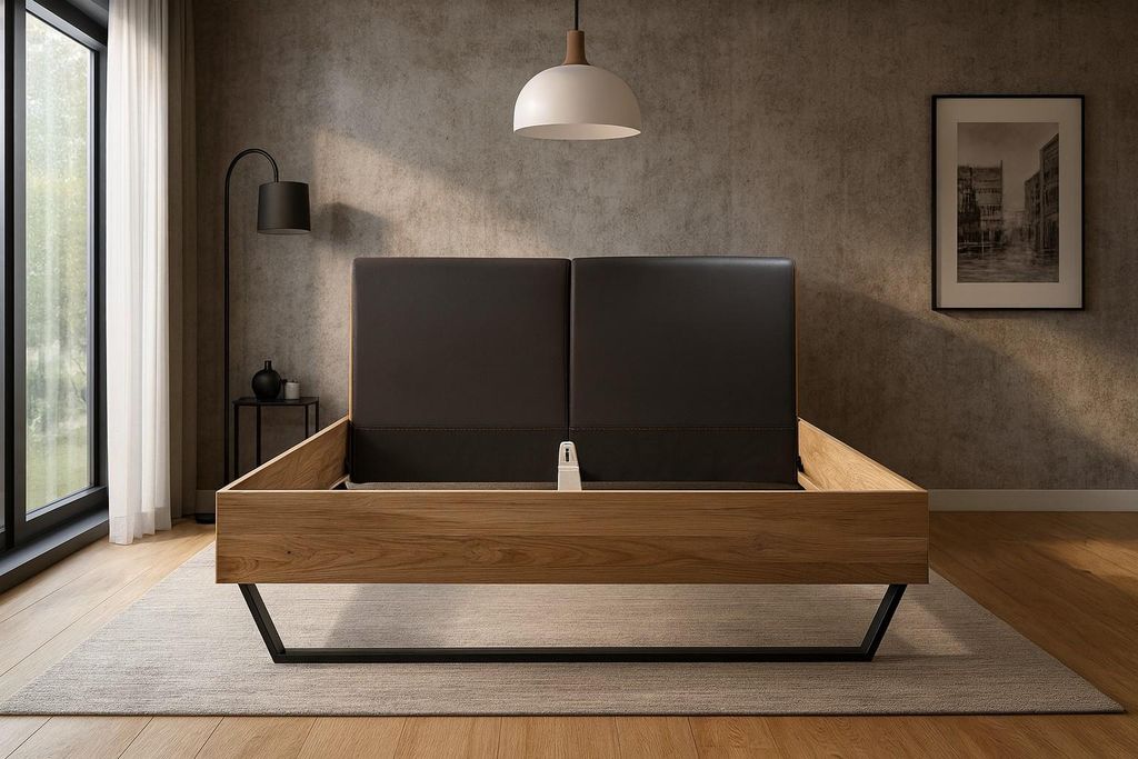 Doppelbett Eiche massiv Balkenbett 140x200 mit gepolstertem Bettkopfteil