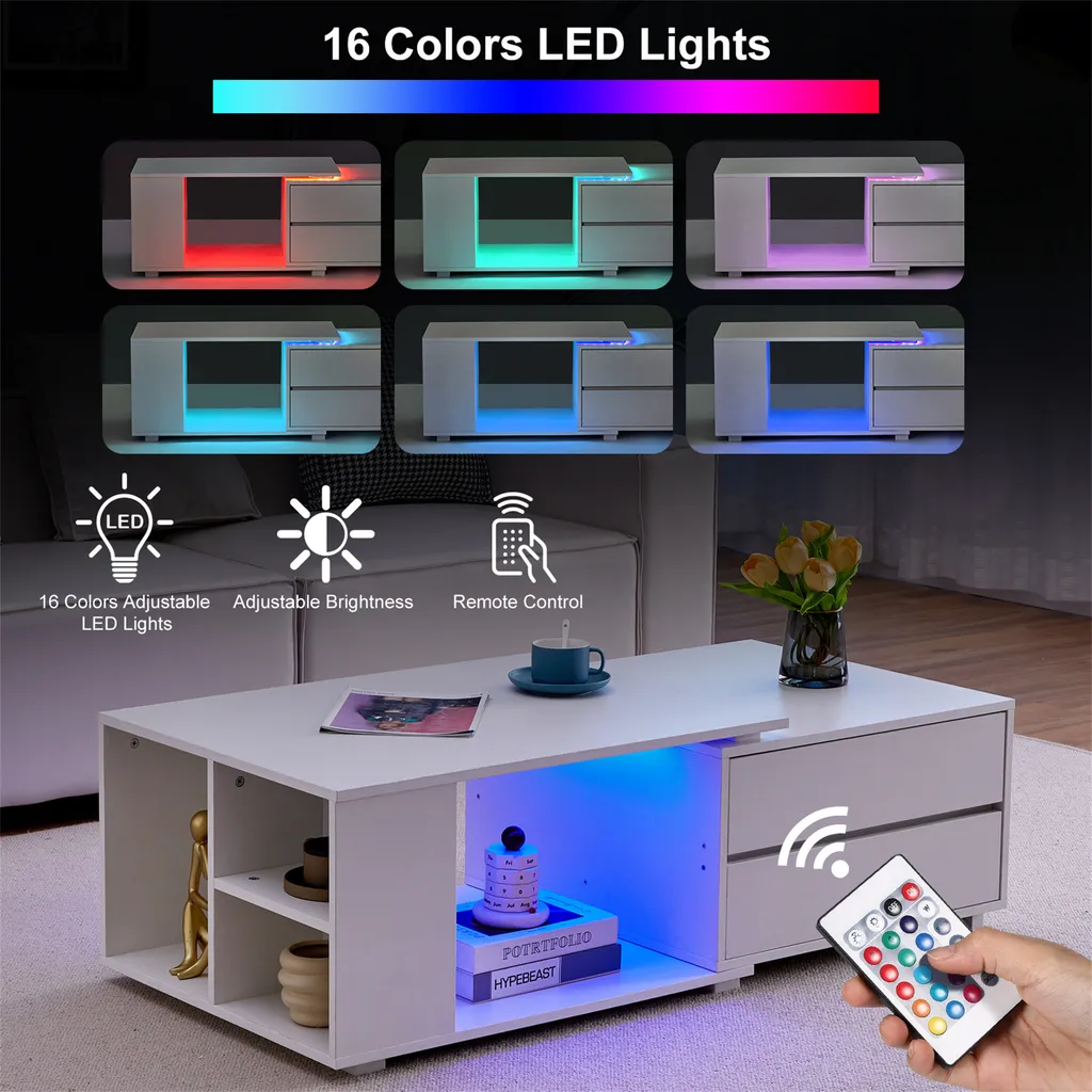 CLIPOP Table basse extensible blanche LED - 4 Tiroirs et Étagère Bois - 9