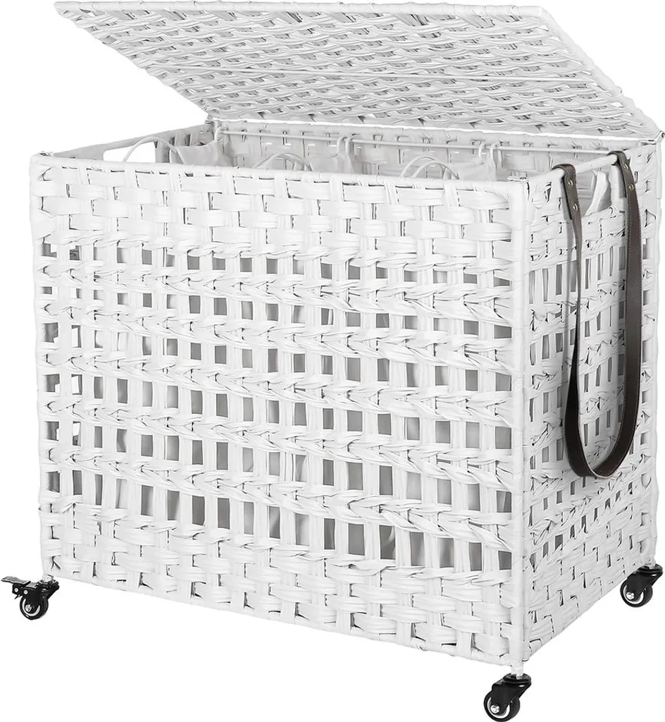 Corbeille à linge blanche tressée - Coffre de rangement artisanal