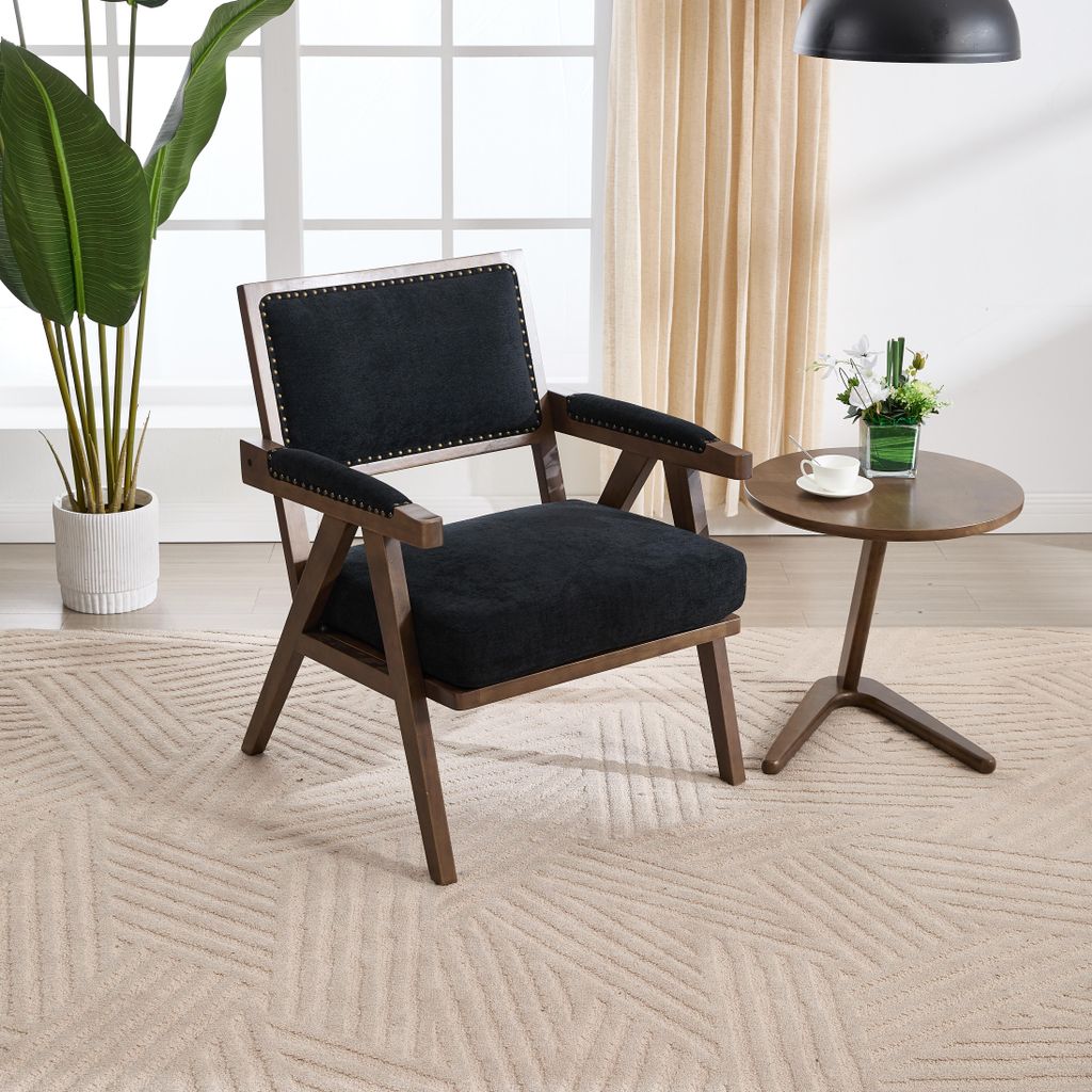 LVHOM Polsterstuhl Vintage mit Leinenbezug und Holzrahmen, Esszimmerstuhl Sessel Armlehnstuhl Mid-Century Stil, 66,5x 88x66cm, Belastbar 250kg,Schwarz