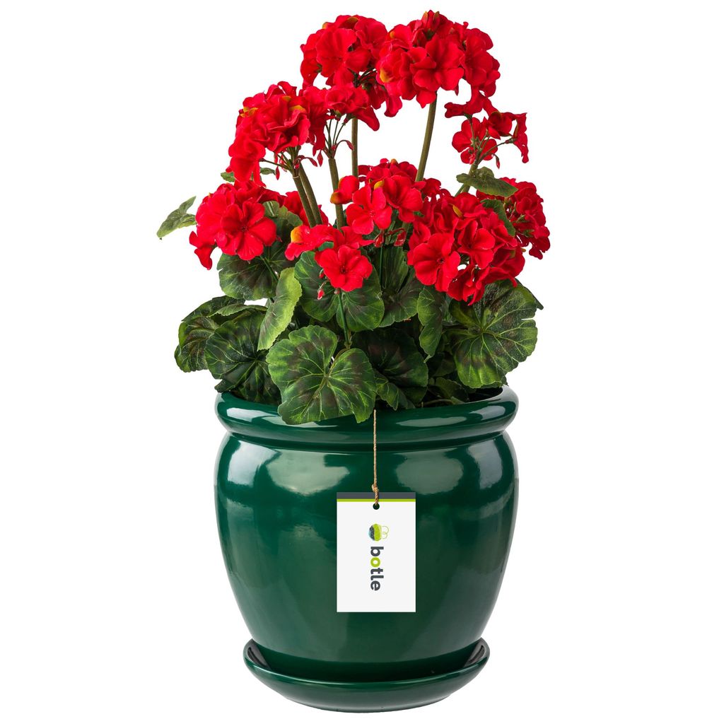 Blumentopf Blumenübertopf Dunkel grün Blumenschale mit Untersetzer Rund DxH 280 mm x 305 mm Oberfläche Glanz Keramik Modern Glamour