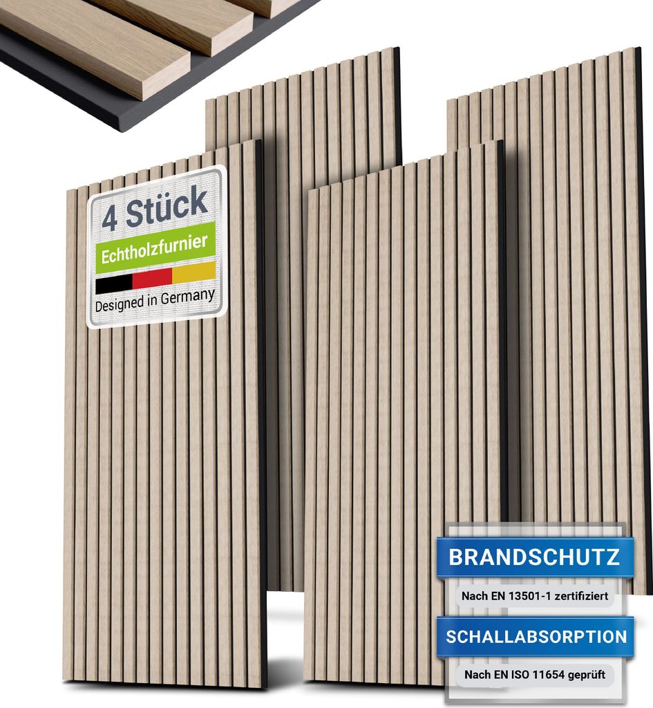 Juskys Wandpaneele Akustik 4er Set 2,88 qm - Verbesserte Akustik durch schallabsorbierende Materialien - Eiche Natur Hell