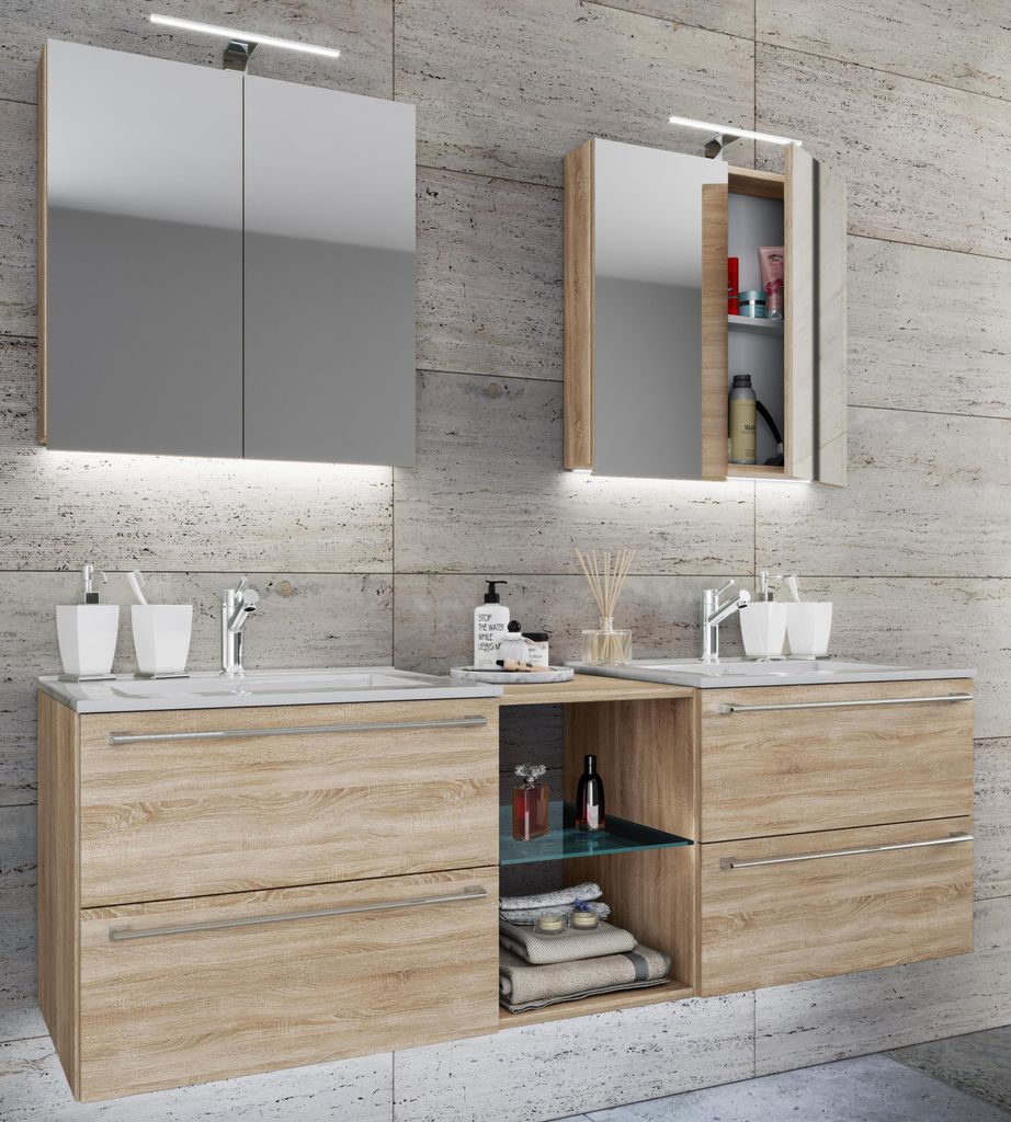 VCM 3-tlg. Set | 2 Waschtisch, 2 Spiegelschrank, 2 Waschbecken, 1 Mittelfach | Keramik Waschbecken | Unterschrank 155 cm | Badmöbel Set Doppel Was...