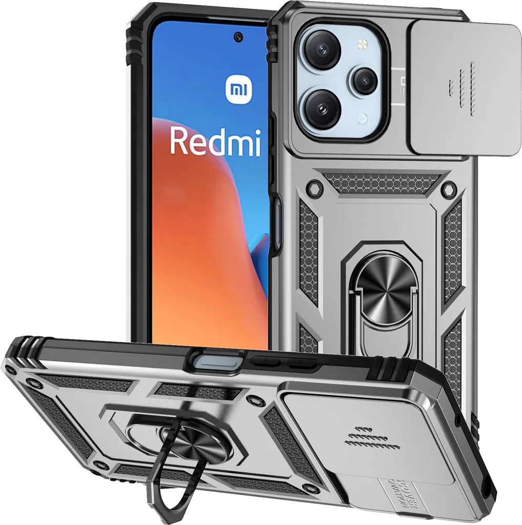 Custodia Xiaomi Poco M6 Pro 5G / Redmi 12 Argento Rugged con Anello