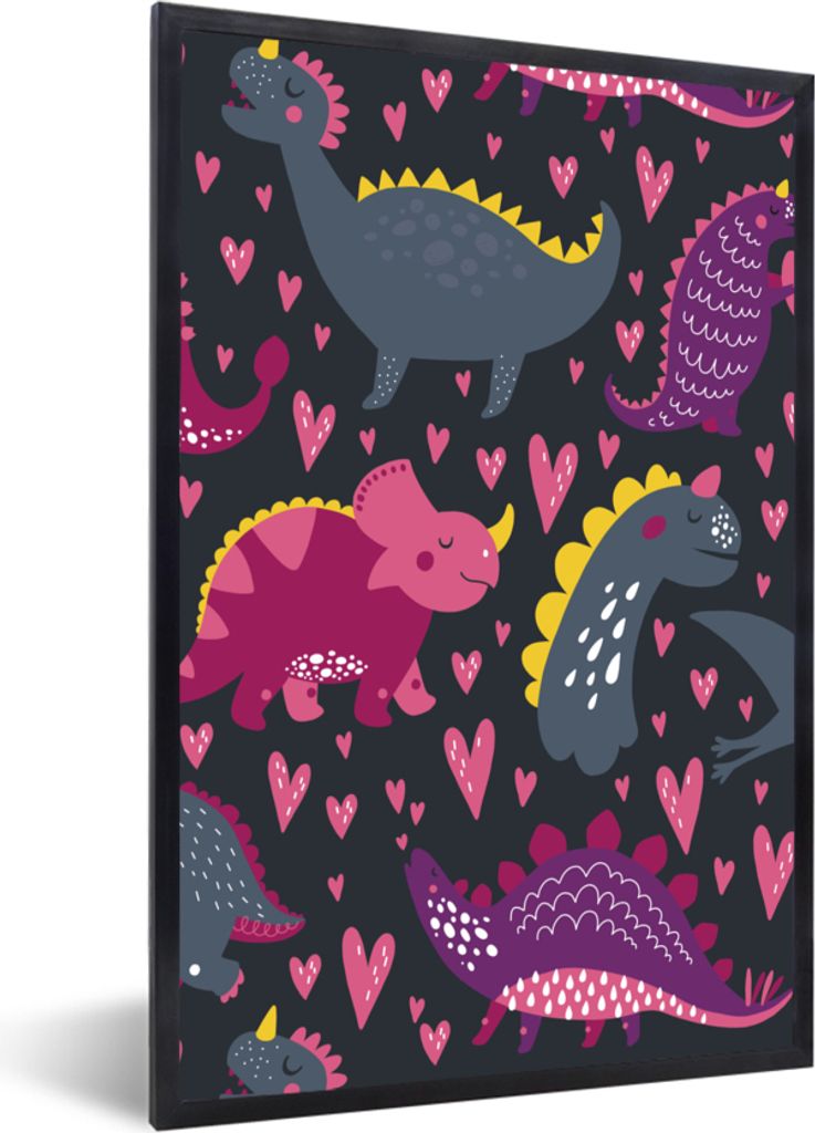 MuchoWow MuchoWow Gerahmtes Poster Dinosaurier - Kind - Muster - Rosa - Mädchen 60x90 cm - Poster mit zchwarzem Bilderrahmen - Kunst