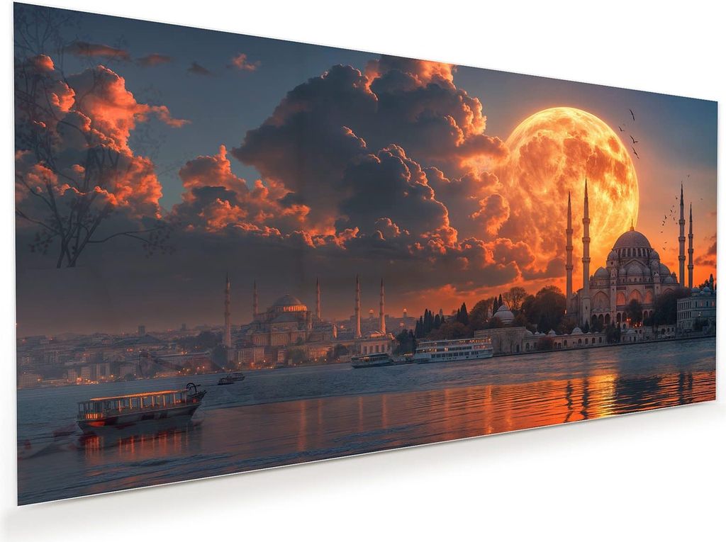 Glasbild 80x40cm in XXL für Wohnzimmer, Schlafzimmer Motiv Mond über Istanbul
