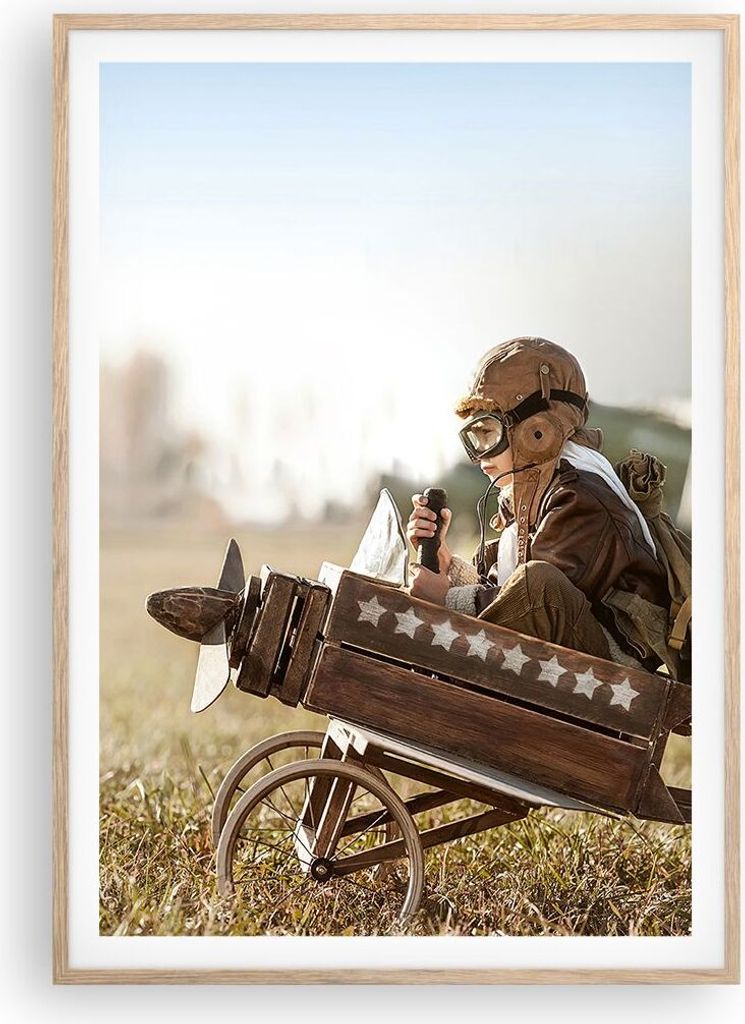 Gerahmtes Poster - Rahmen in heller Eiche - Kindheit Flugzeug Spielzeug - 70x100 cm - Wand Bild - Wanddeko - Wandbilder - Kunstposter - Wandposter ...