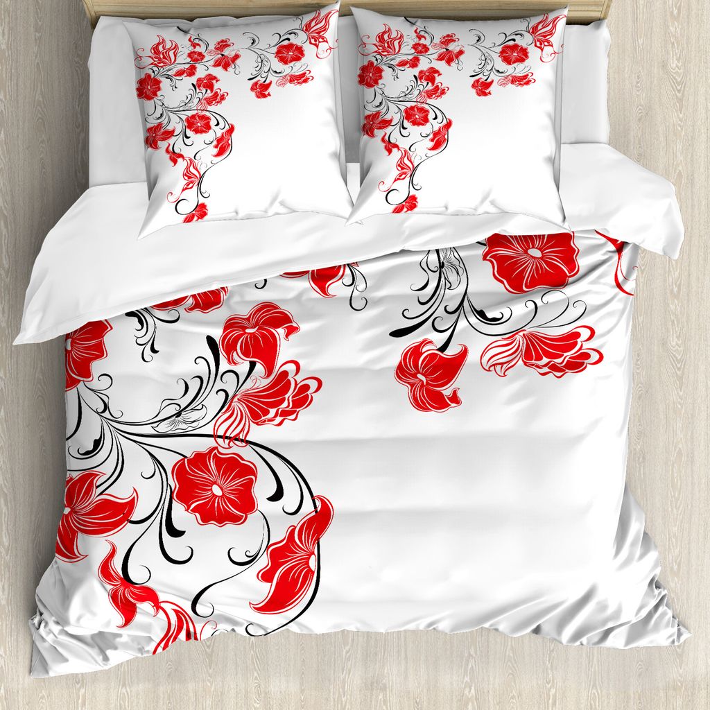 ABAKUHAUS Rot und Schwarz Bettbezug, Japanische Blumen Ivy, Milbensicher Allergiker geeignet mit Kissenbezügen, 200 cm x 200 cm - 80 x 80 cm, Scar...