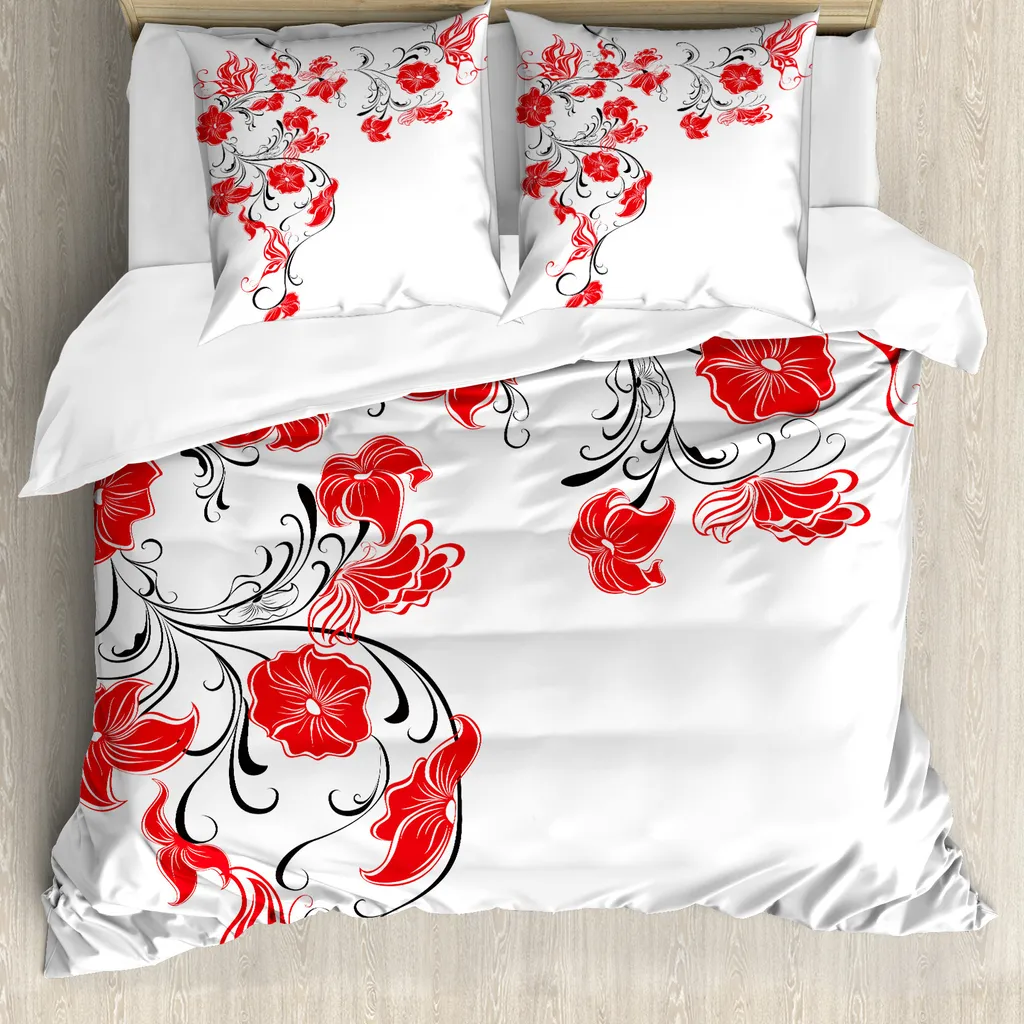 ABAKUHAUS Copripiumino rosso e nero, fiori giapponesi Ivy, antiacaro, adatto a chi soffre di allergie, con federe, 155 cm x 220 cm - 80 x 80 cm, scarlatto e bianco