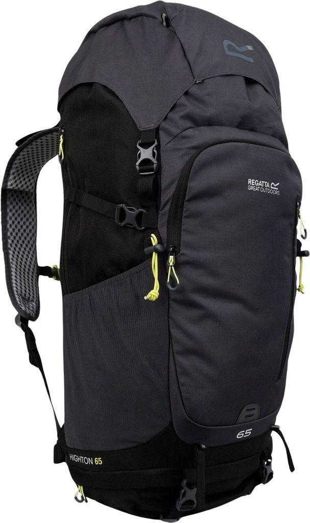 A black and gray backpack with yellow accents, shown from a side-angle against a white background.