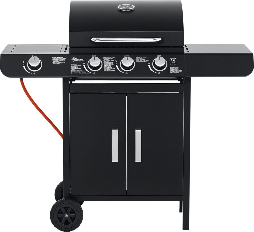Gasgrill mit 3 Hauptbrennern + 1 Seitenbrenner, Ablage, rostfreier Stahl, schwarz, 110 x 50 x 100 cm