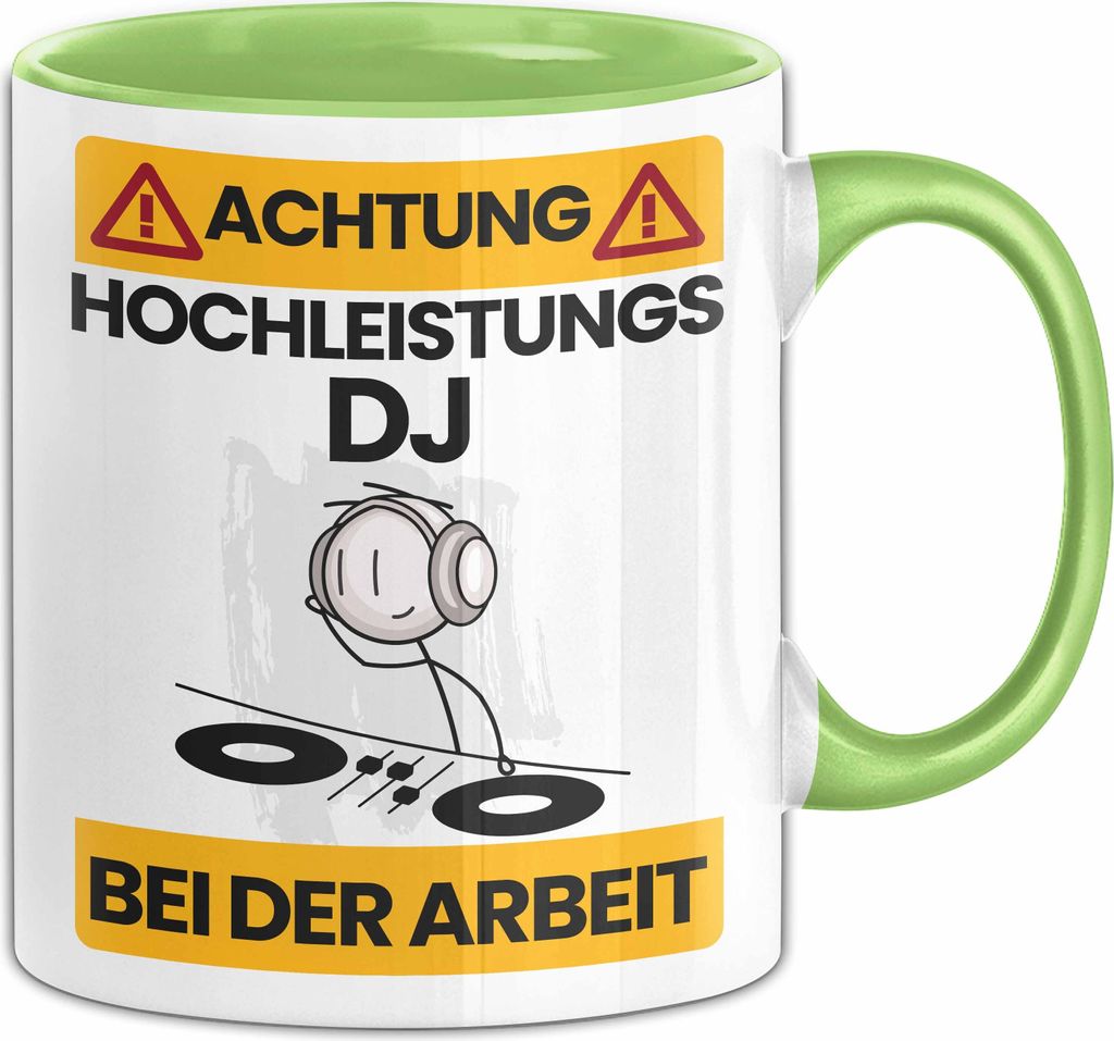 DJ Tasse Geschenk Lustiger Spruch Geschenkidee für DJ Achtung Hochleistungs DJ Bei Der Arbeit (Grün)