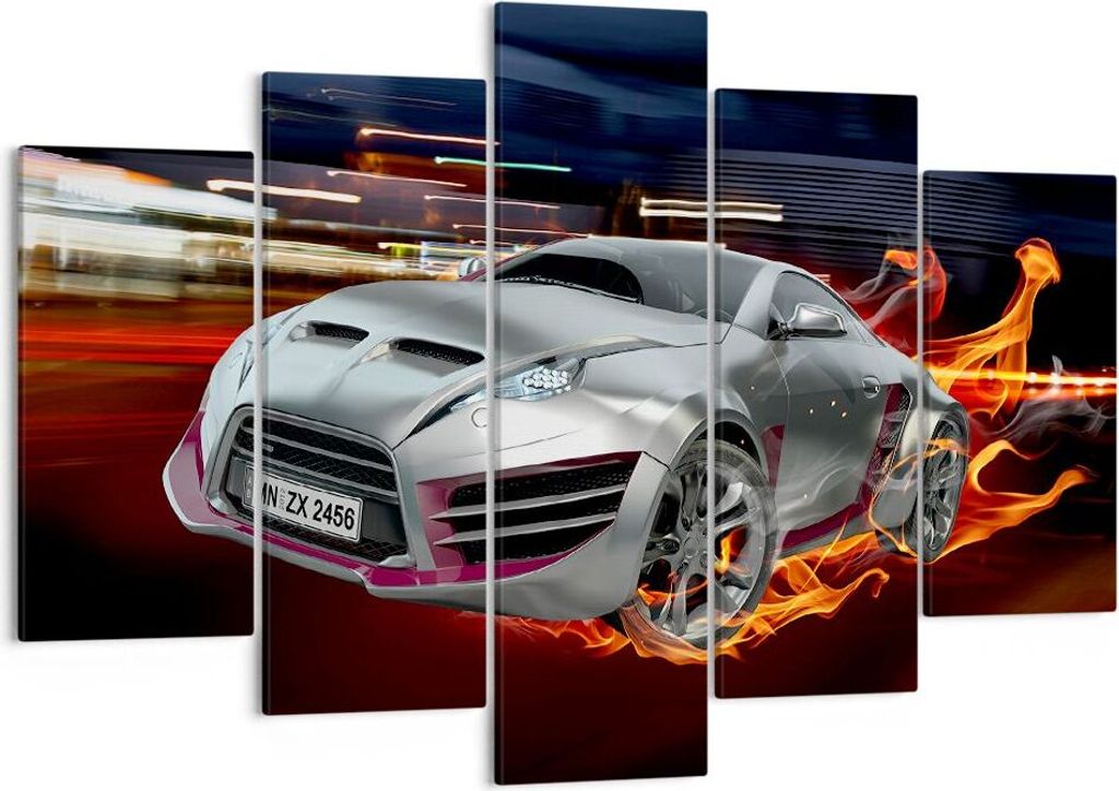 Bild auf Leinwand - Leinwandbild - Sportwagen Feuer Rauch - 150x100cm - Wand Bild - Wanddeko - Leinwanddruck - Bilder - Kunstdruck - Wanddekoration...