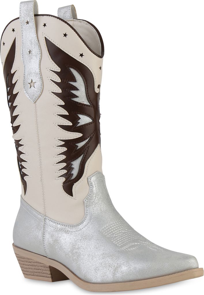 VAN HILL Damen Cowboystiefel Stiefel Spitze Western Schuhe 841113, Farbe: Silber Beige, Größe: 39