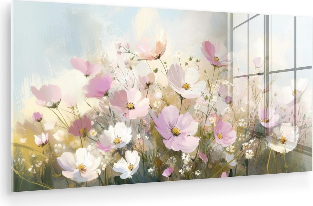 MuchoWow Glasbilder - Bilder auf Wandbild - Foto auf Glas Blumenfeld - Helle Farbtöne - Gemalt 40x20 cm Wanddekoration aus Glas - Acrylglasbild - ...