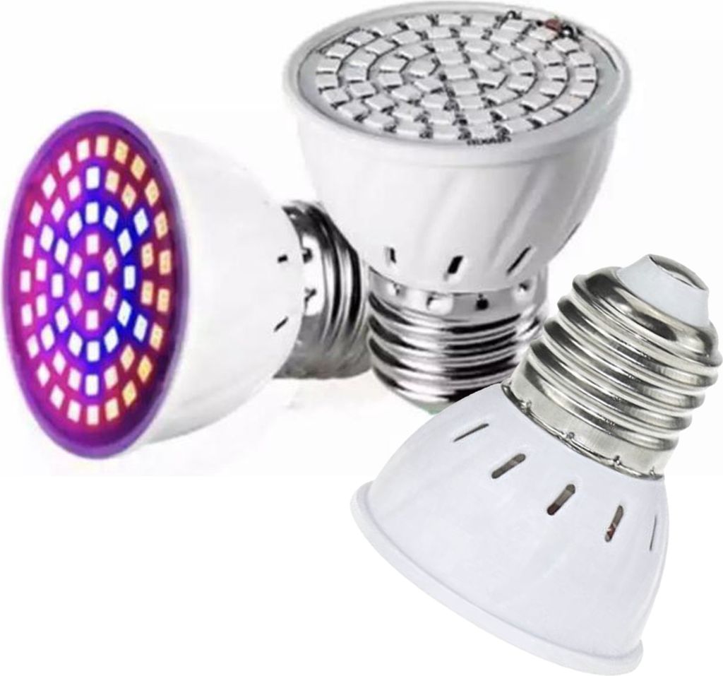 Three LED grow light bulbs are arranged on a white background.