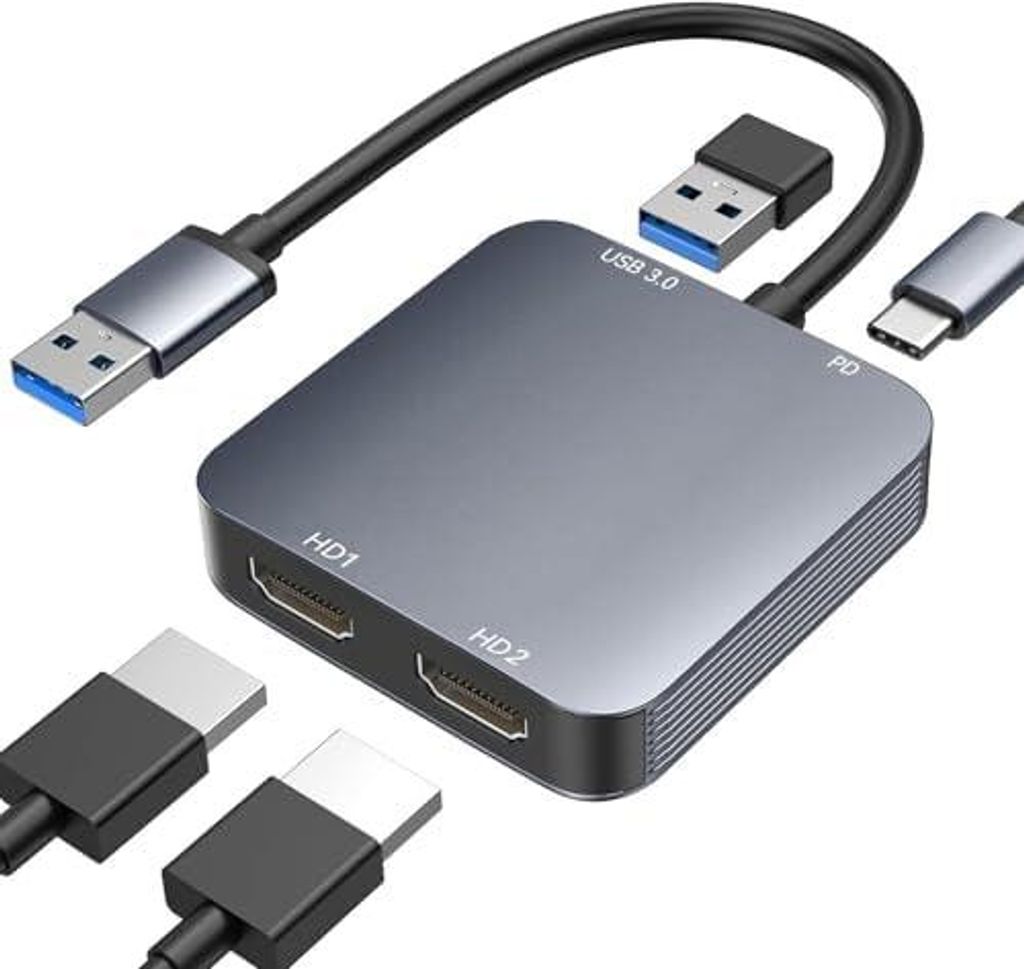 USB 3.0 auf Dual HDMI Adapter mit USB3.0 Port, HDMI zu USB Audio Video Grafikkonverter Kabel für Laptop Monitor Desktop TV, kompatibel mit Mac OS,...