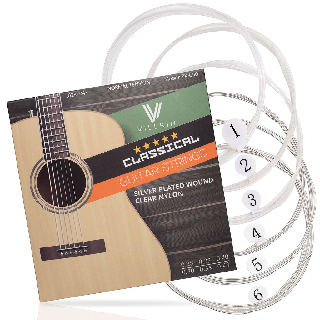 A set of classical guitar strings with their packaging.