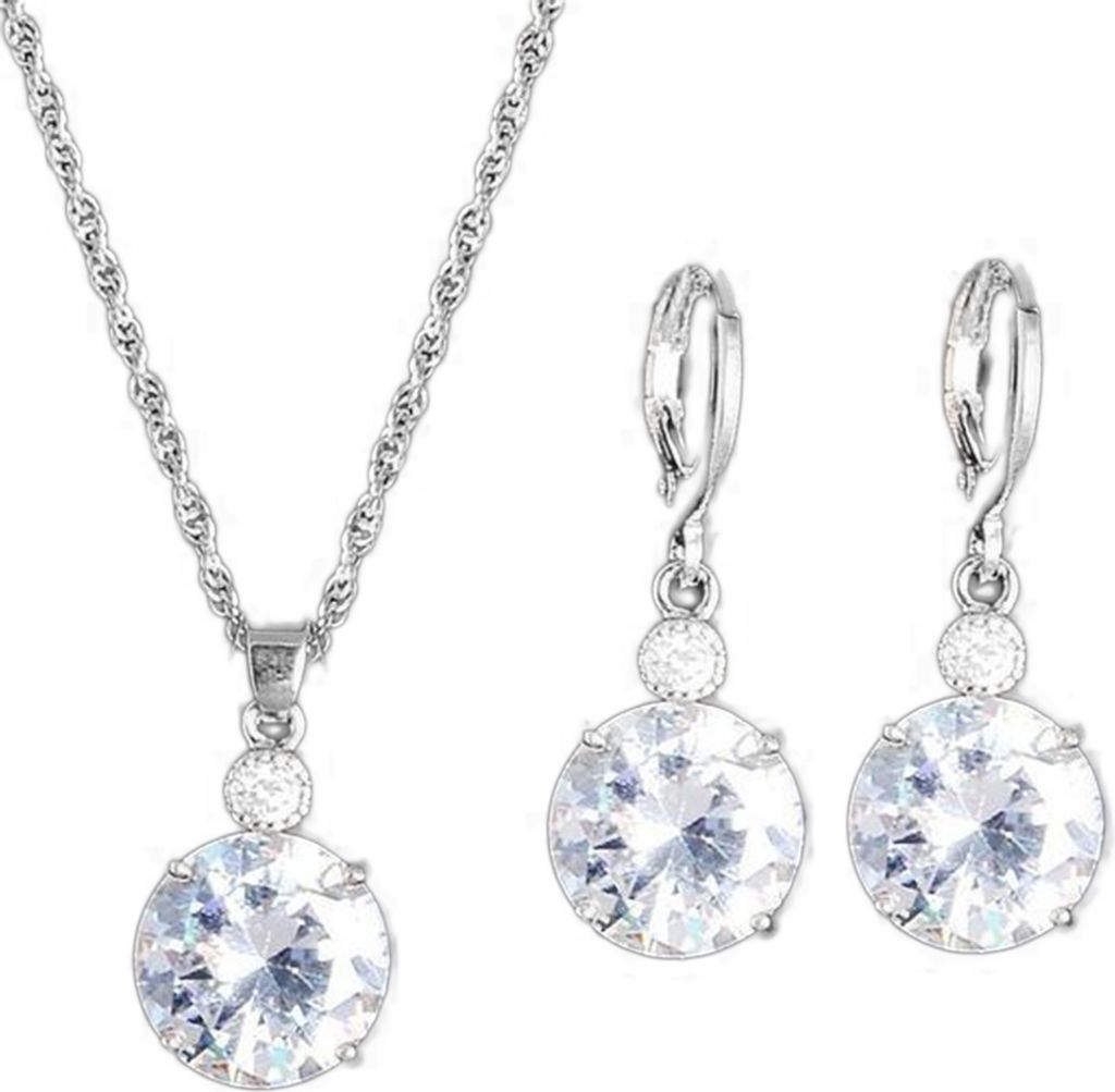Modeschmuck-Set mit runder Strass-Anhänger-Halskette, Braut-Leaverback-Ohrringen-Silber