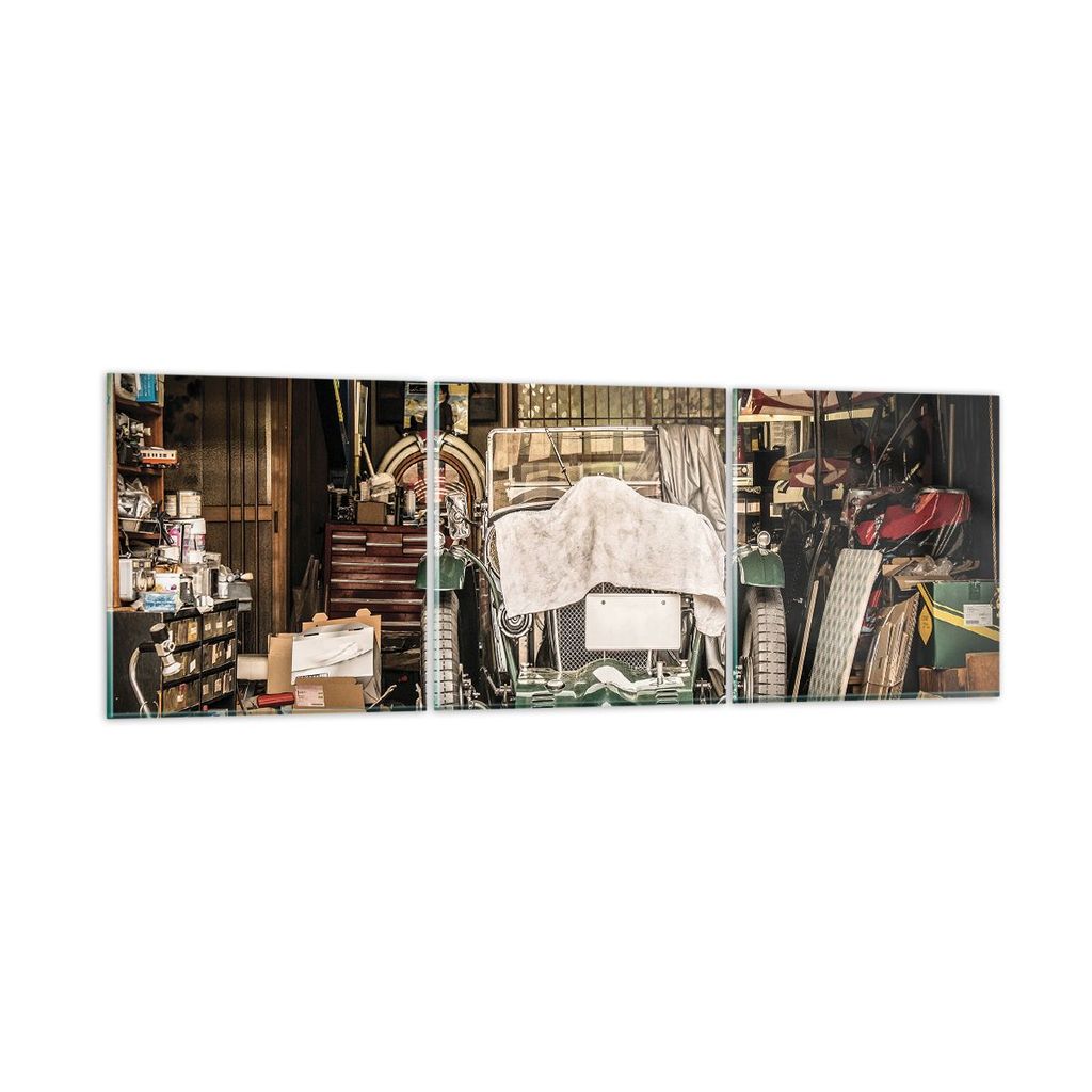 Bilder auf glas - 3 Teile - Historisch Auto Garage - 150x50cm - Glasbilder - Wandbilder - Bilder - zum Aufhängen bereit - Wanddekoration aus Glas ...