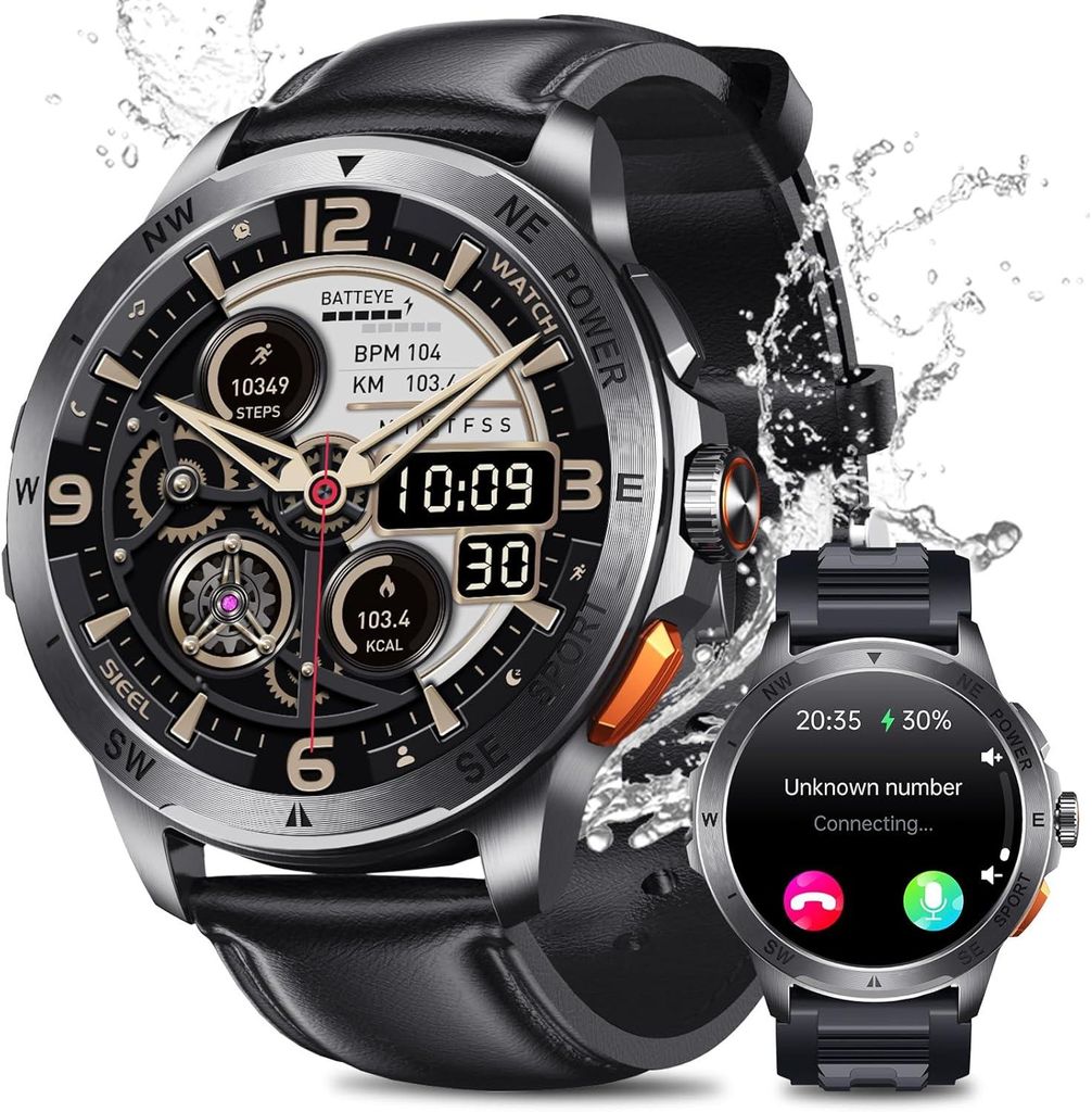 Herren Smartwatch 1.43 Zoll AMOLED Fitness Uhr mit Bluetooth Telefonfunktion 24/7 Herzfrequenz & SpO2 Monitor 100+ Sportmodi IP68 wasserdicht