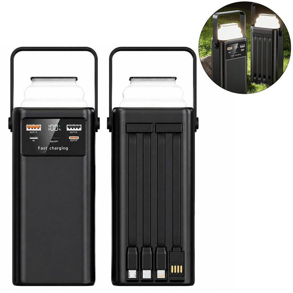 Powerbank 50000mAh 30W PD Schnellladung, USB-C Fast Charge, LED Display, 7 Ausgänge 2 Eingänge, integrierte Kabel, für Camping & Reisen
