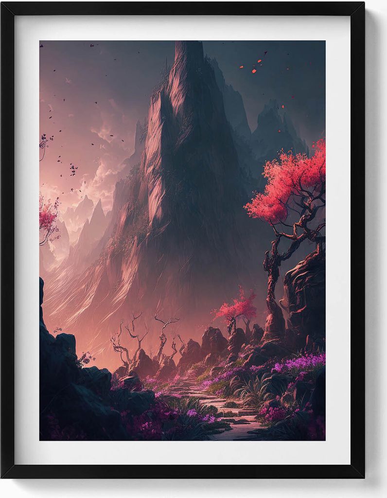 Magischer Wald und Berge– Wandbild mit Rahmen – Gerahmtes Bild – Wanddekoration – 60x80 cm – Schwarz Rahmen