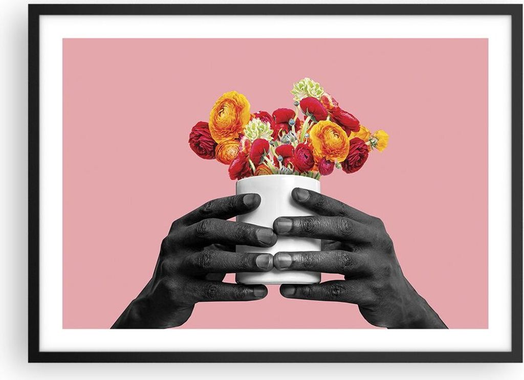 Gerahmtes Poster - Schwarzer Rahmen - Schwarz Hände Blumen - 70x50 cm - Wand Bild - Wanddeko - Wandbilder - Kunstposter - Wandposter - Bilderrahme...