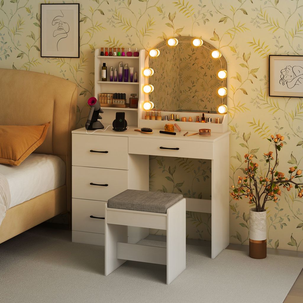 Tavolo Toeletta Trucco Con Specchio LED 3 Colori E Luci Regolabili, Scrivania Con Cassetti E Armadietto Antipolvere Per La Camera Da Letto