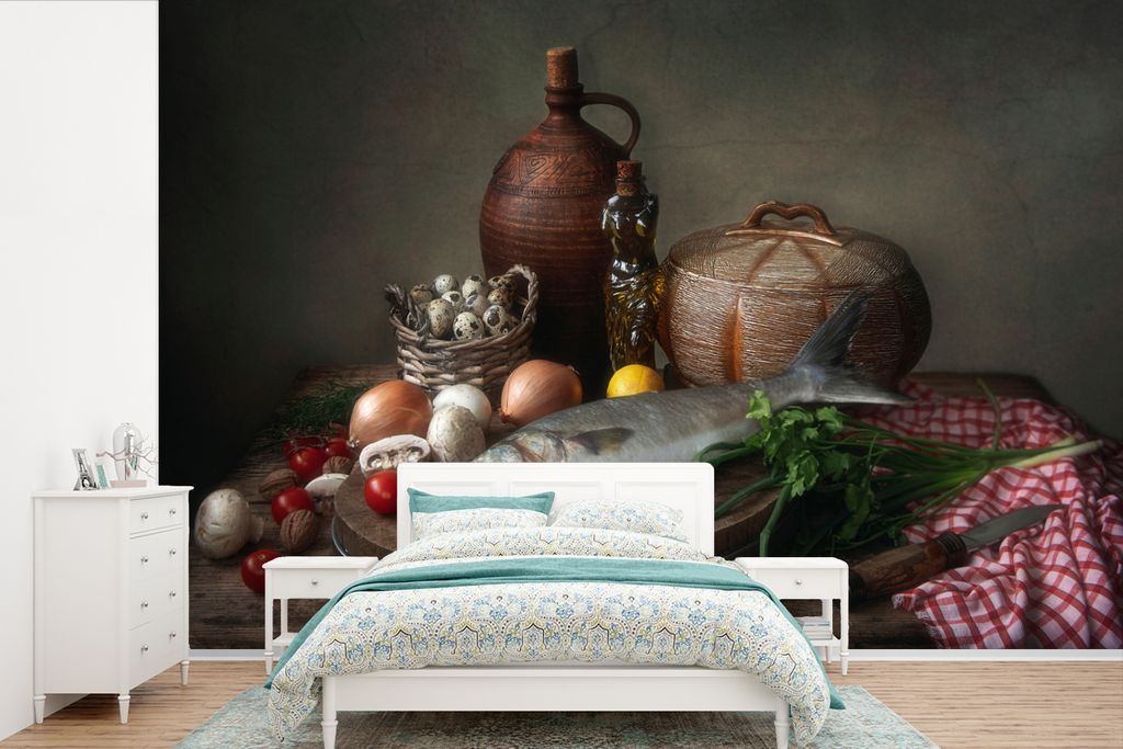 MuchoWow Fototapete für Wohnzimmer oder Schlafzimmer Wandtapete Vinyl Motivtapete Rustikal - Fisch - Stilleben - Gemüse - Kräuter - 420x280 cm...