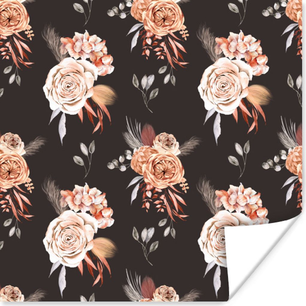 MuchoWow Poster Blumen - Bohème Dekoration - Schwarz 75x75 cm - Wand Dekoration