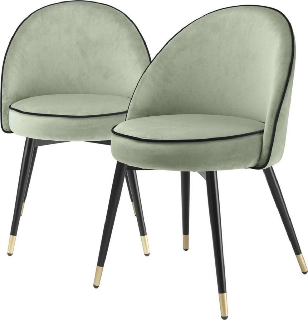 Casa Padrino Luxus Esszimmerstuhl Set Pistaziengrün / Schwarz / Messing 55 x 64 x H. 83 cm - Esszimmerstühle mit edlem Samtstoff - Esszimmer Möbel