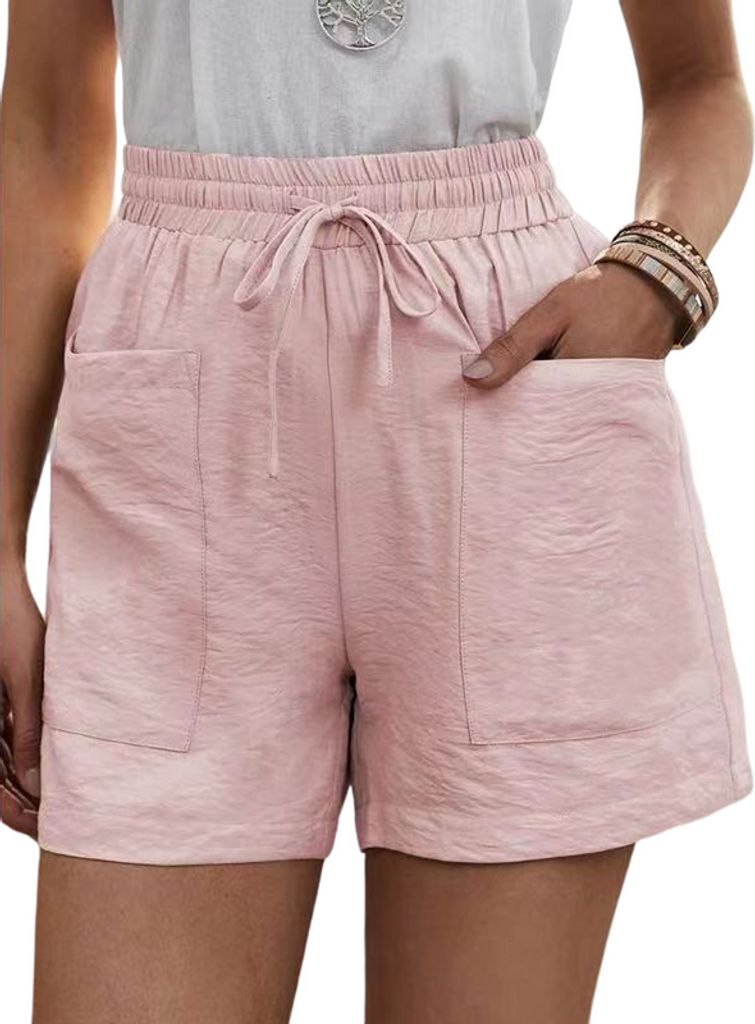 ASKSA Damen Shorts Sommer Lässige Sport Kurze Hose Einfarbig Hoher Taille Lockere Kordelzug mit Taschen, Rosa, S