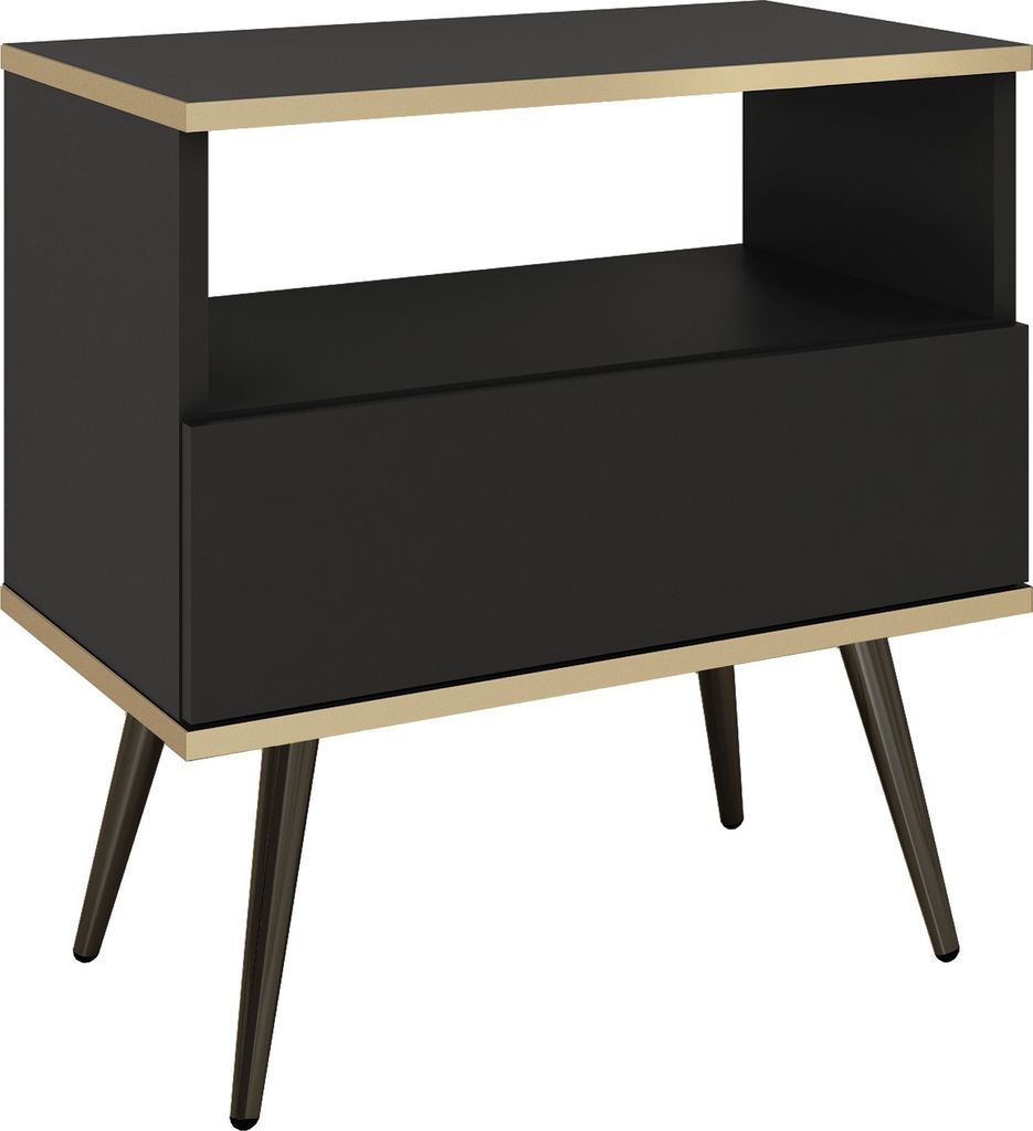 Nachttisch mit Schubladen Rodi - Nachtschrank 50 cm, Schlaffzimmer, gold Accessoires mit Beinen - Schwarz