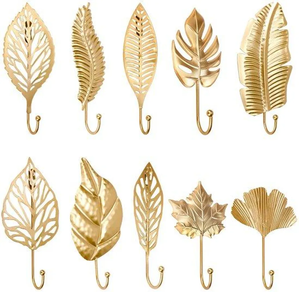 Lot de 10 crochets muraux en métal doré design feuilles pour vestiaire
