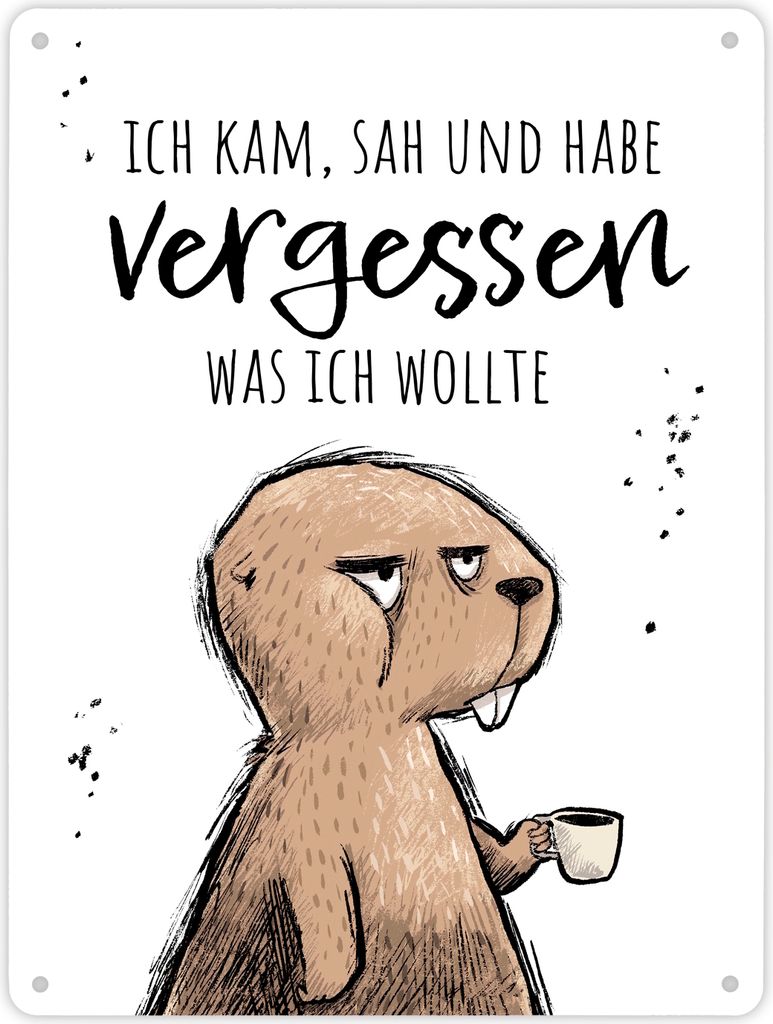Biber Metallschild XL in 21x28 cm mit Spruch Kam, sah, habe vergessen