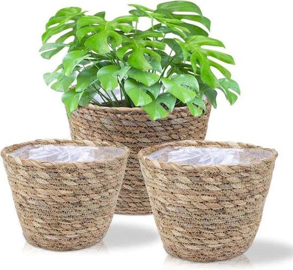 Jardinière tissée main en fibres végétales durables avec doublure- 3pcs
