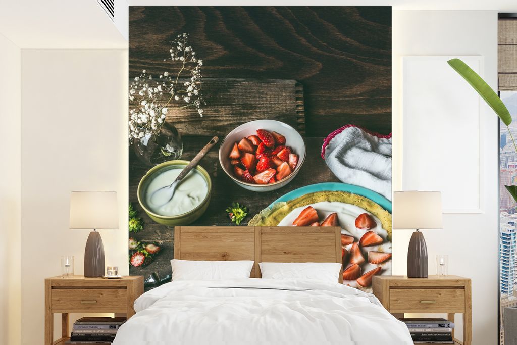 MuchoWow Fototapete für Wohnzimmer oder Schlafzimmer Wandtapete Vinyl Motivtapete Erdbeere - Rustikal - Obst - Rustikale Blumen - 190x260 cm - P...