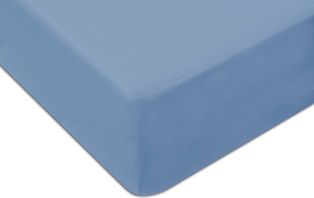 A close-up view of a blue fitted sheet.